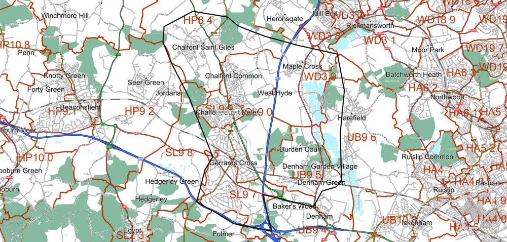 Map of the area M25 J16 - J17